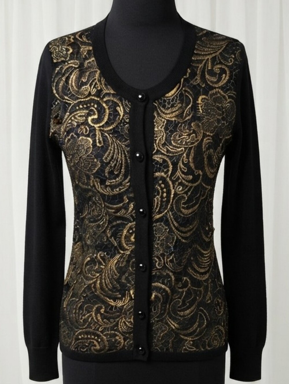 Dolce Cabo Black and Gold Lace Accent Button-Front Cardigan